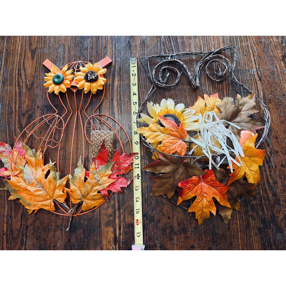 (2) Fall Autumn Harvest decorative owl-shaped wreaths